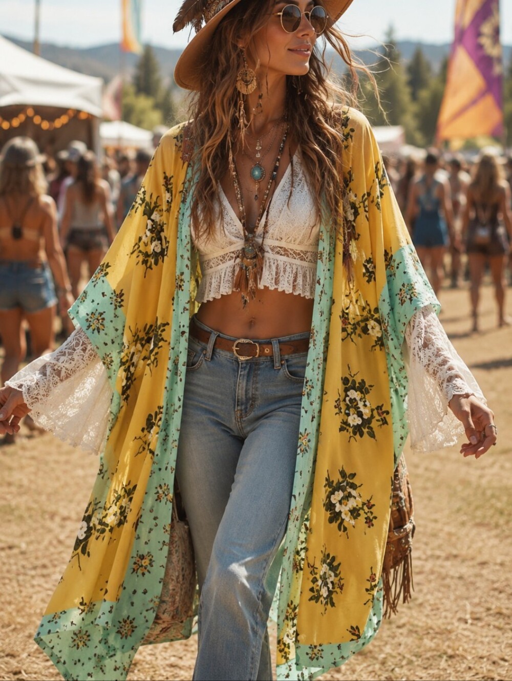 Matilda Jane Yellow Floral Kimono Flowy Bohemian Gypsy Open Front Swim Coverup